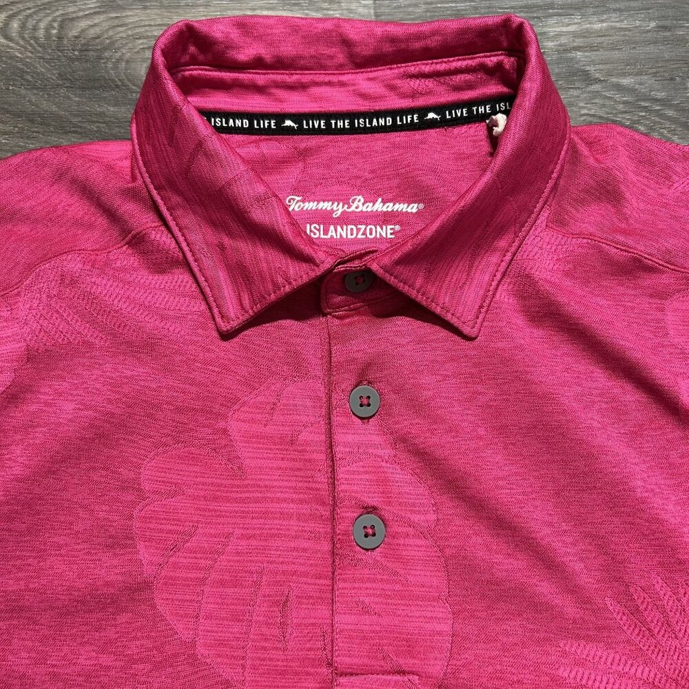 Tommy Bahama IslandZone Polo Shirt Medium Hawaiian Leaf Print Pink Short Sleeve - Picture 4 of 7